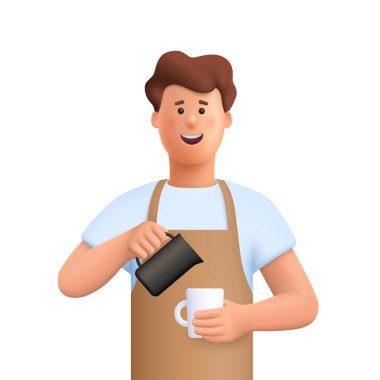 Önlük giymiş, kahve fincanına çırpılmış süt koyan gülümseyen genç bir barista. Kahve dükkanı, kahve zamanı ve paket servis konsepti. 3d vektör insan karakteri illüstrasyonu. Çizgi film asgari biçimi.