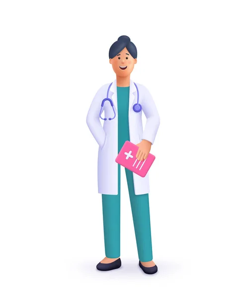 微笑的女医生拿着剪贴板 穿着制服和听诊器 卫生保健和医药概念 3D矢量人物形象图解 卡通简约风格 — 图库矢量图片