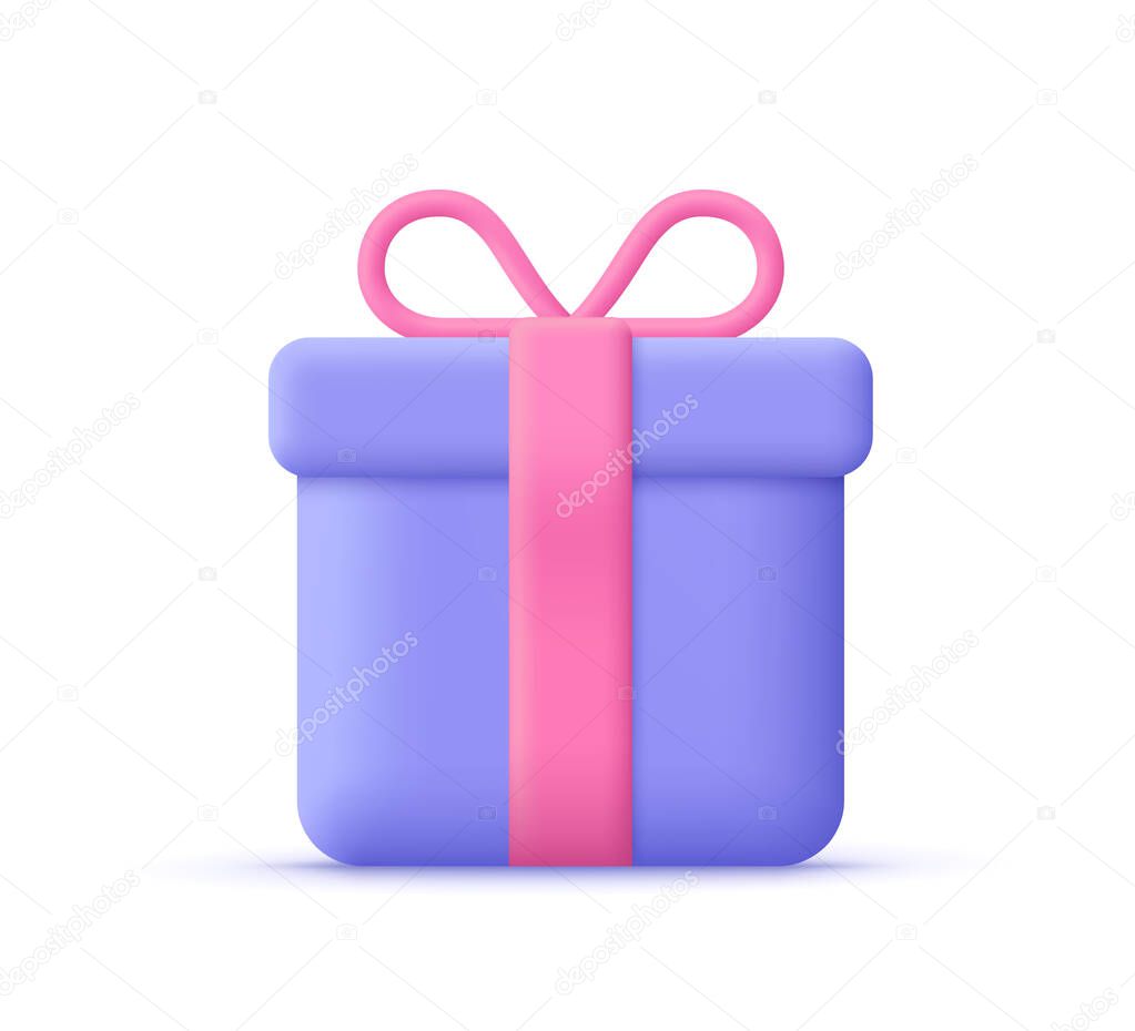Gift box with ribbon bow. Surprise, birthday or holiday  concept. 3d vector icon. Cartoon minimal style.