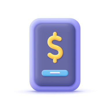 Ekranda dolar işareti olan akıllı telefon. Mobil ödeme hizmetleri, finans uygulaması, finansal bankacılık teknolojisi konsepti. 3d vektör simgesi. Çizgi film biçimi.