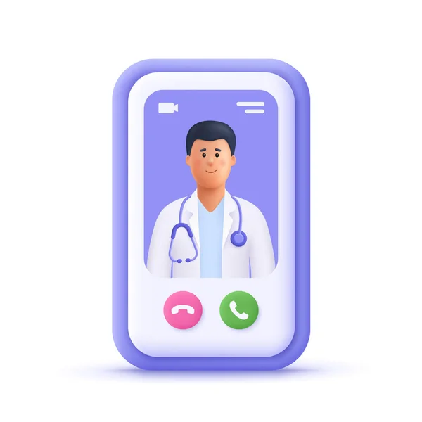 スマートフォンアプリ上の医師オンライン オンライン医療クリニック 遠隔医療 オンライン医療 医療相談の概念 3Dベクトルの人物イラスト 漫画のミニマルスタイル — ストックベクタ