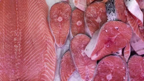 Una vista de filetes y trozos de salmón frío acostado en un mostrador de hielo en una tienda. — Vídeos de Stock