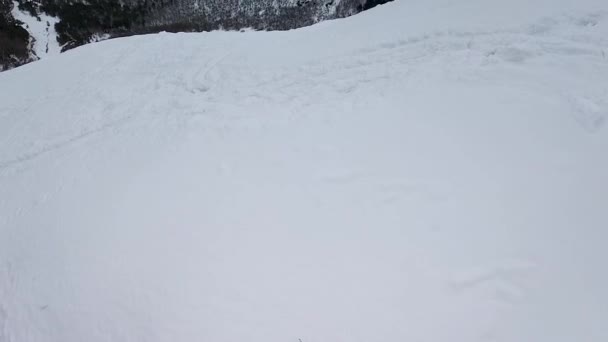 Al rallentatore. Sparatoria con i droni. Veduta della neve in cima alla montagna con una transizione fluida verso il fianco della montagna con alberi.. — Video Stock