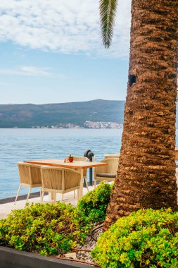 Güzel tasarlanmış yemek masası ve açık kafedeki sandalyeler..