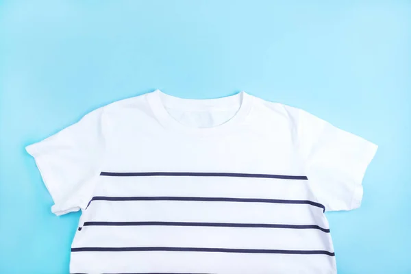 Fashion Flatlay White Striped Shirt Isolated Blue Background — Stock Photo, Image