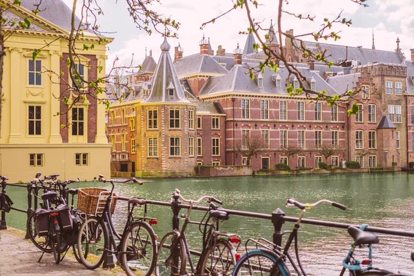 Lahey, Hollanda - 23 Mart 2022: Hollanda Altın Çağı 'ndan dünyaca ünlü tablo koleksiyonuna sahip Kraliyet Resim Galerisi Mauritshuis ile Lahey silueti.