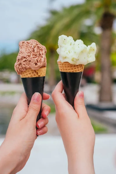 Woman Hands Holding Vanilla Gelato Chocolate Ice Cream Лицензионные Стоковые Фото