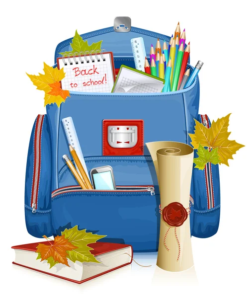 Back to school! School bag with education objects. — Stock Vector