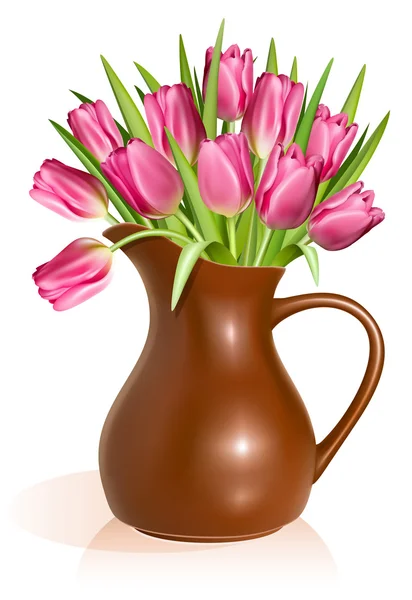 Розовые тюльпаны в глиняном кувшине — стоковый вектор