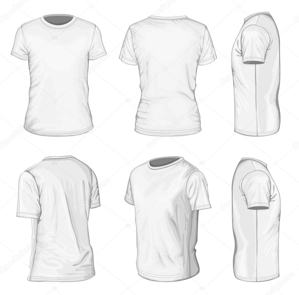 All views men's white short sleeve t-shirt design templates (front, back, half-turned and side views). Vector illustration. No mesh.