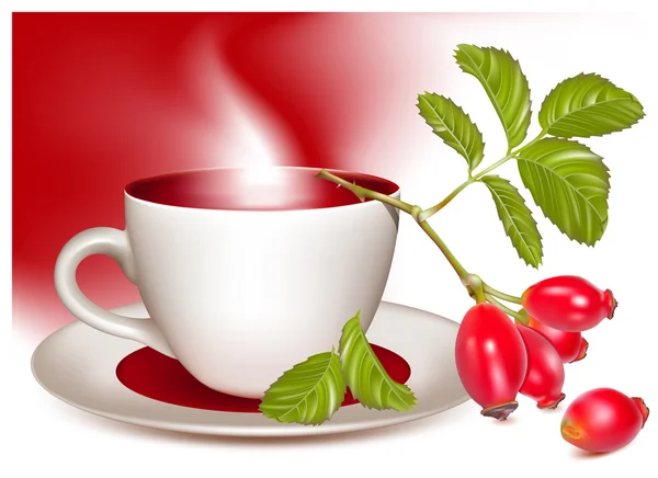 Cup of tea and ripe rose hip . — Stock Vector