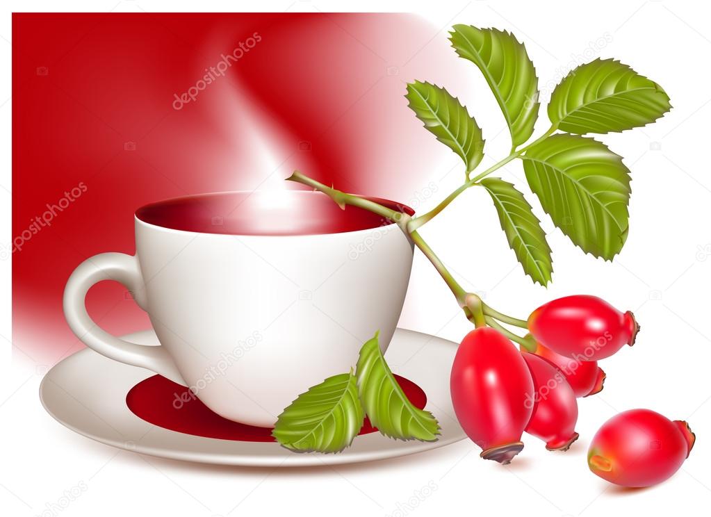 Cup of tea and ripe rose hip .