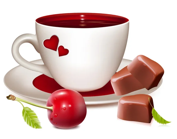 Cup of tea (coffee) heart-shaped chocolates — Stock Vector