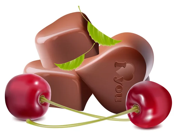Σχήμα καρδιάς σοκολάτες με κεράσια. — Διανυσματικό Αρχείο