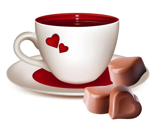 Cup of tea heart-shaped chocolates — Stock Vector