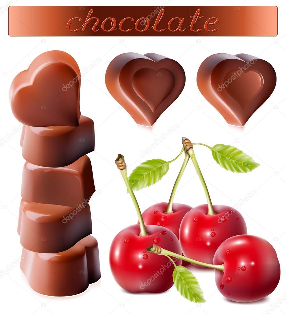 Heart-shaped chocolates with cherries.