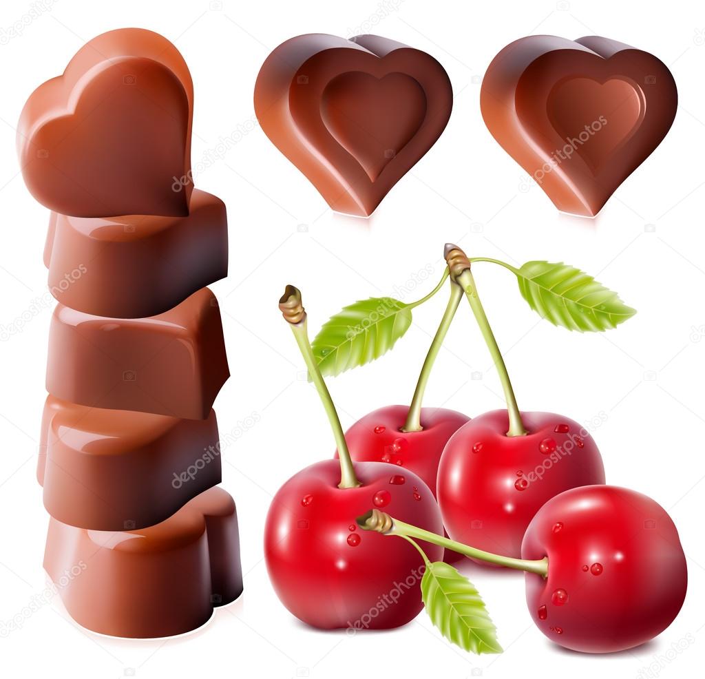 Heart-shaped chocolates with cherries.