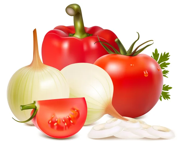 Cebolas, pimentão e tomates . — Vetor de Stock