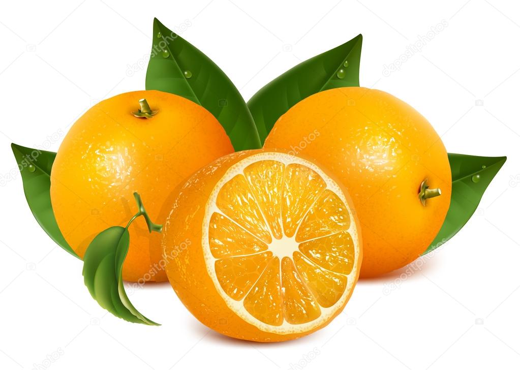 Fresh ripe oranges with leaves.