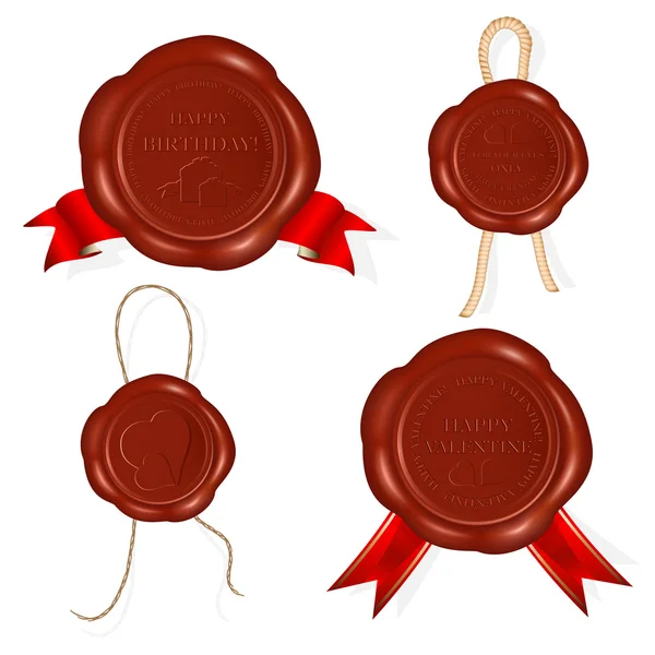 Wax seals with rope and red ribbons — Stock Vector