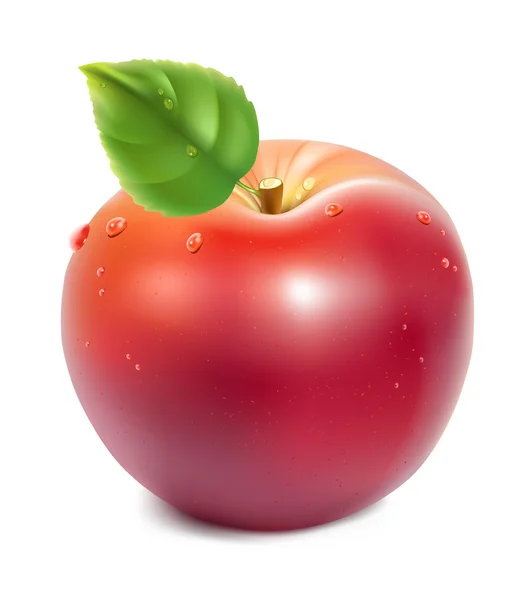 Manzana roja con hoja verde — Vector de stock