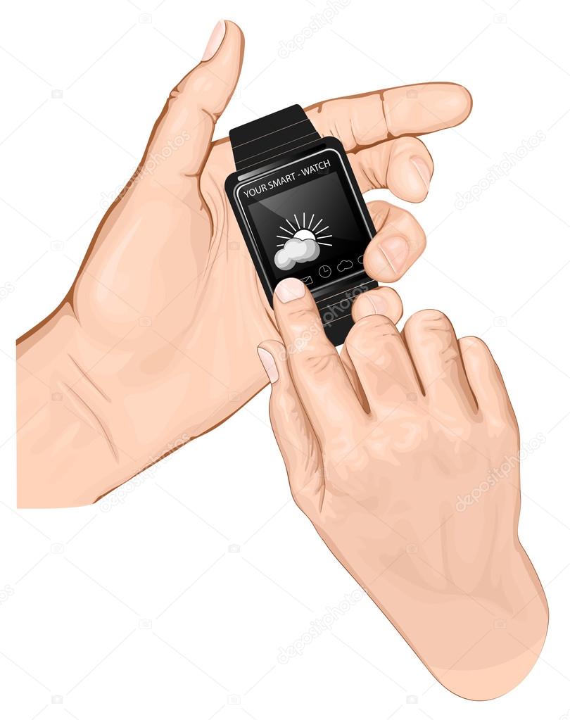 Hand hold smart-watch. Gesture Tap.