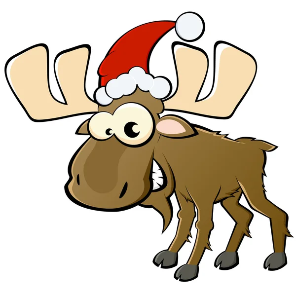 Funny cartoon moose with christmas hat — Stock Vector