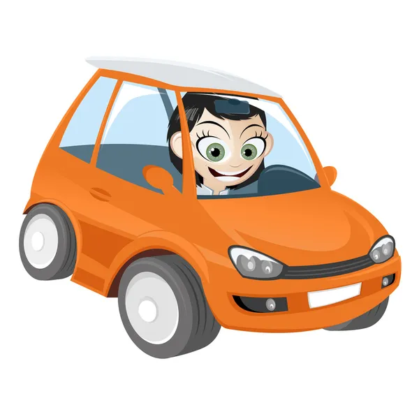 Menina em carro de desenho animado laranja — Vetor de Stock