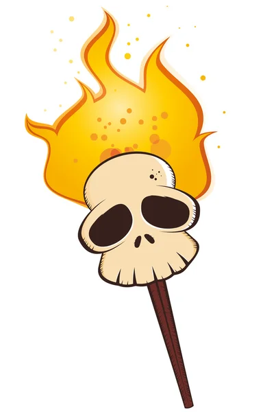 Cartoon skull in flames on a stick — Stock Vector