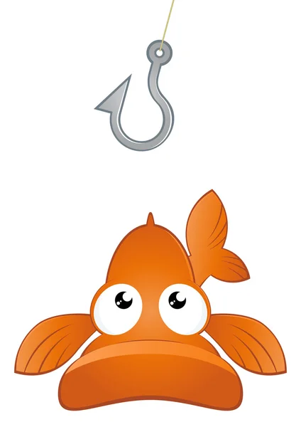 Funny cartoon fish is looking at hook — Stock Vector
