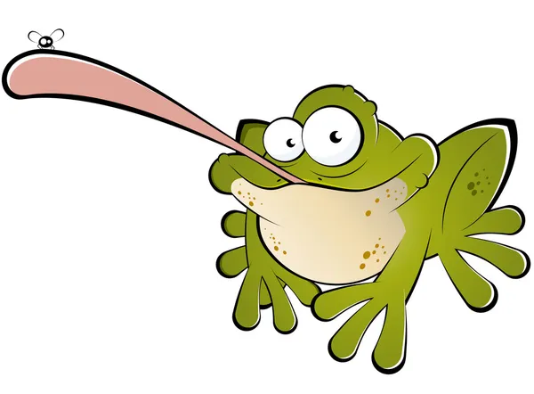 Funny cartoon frog catching fly — Stock Vector
