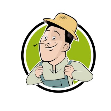 Funny cartoon farmer in a badge clipart