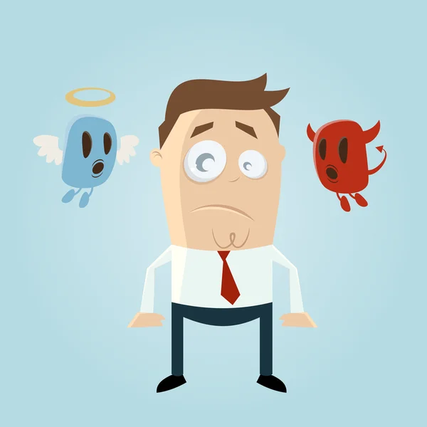 Angel and devil affecting a thoughtful cartoon man — Stock Vector