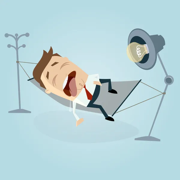 Divertido hombre de dibujos animados durmiendo y goteando en hamaca — Vector de stock