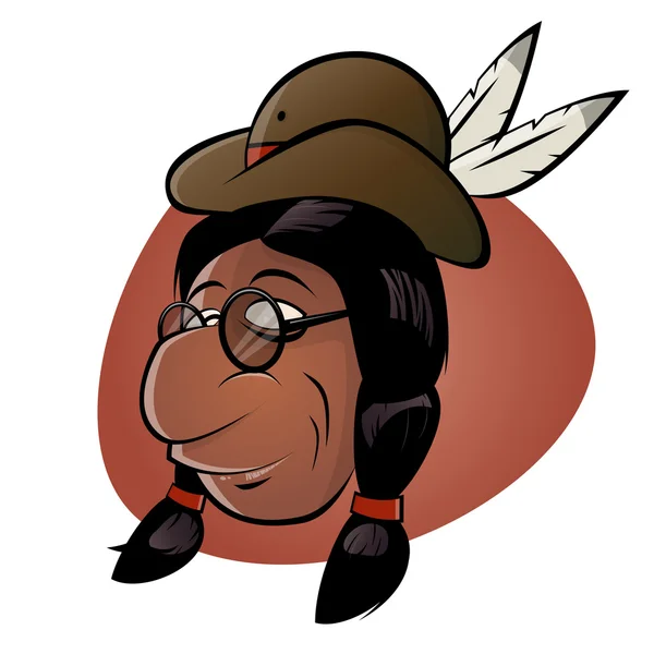 Divertida caricatura nativa americana con sombrero y plumas — Vector de stock