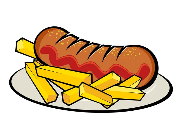 Illustration d'un currywurst allemand avec des frites — Image vectorielle