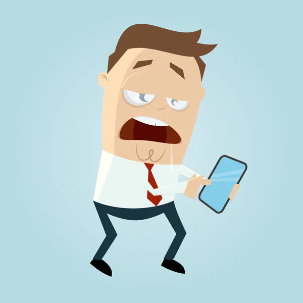 Hombre de dibujos animados distraído está buscando en su teléfono inteligente — Vector de stock