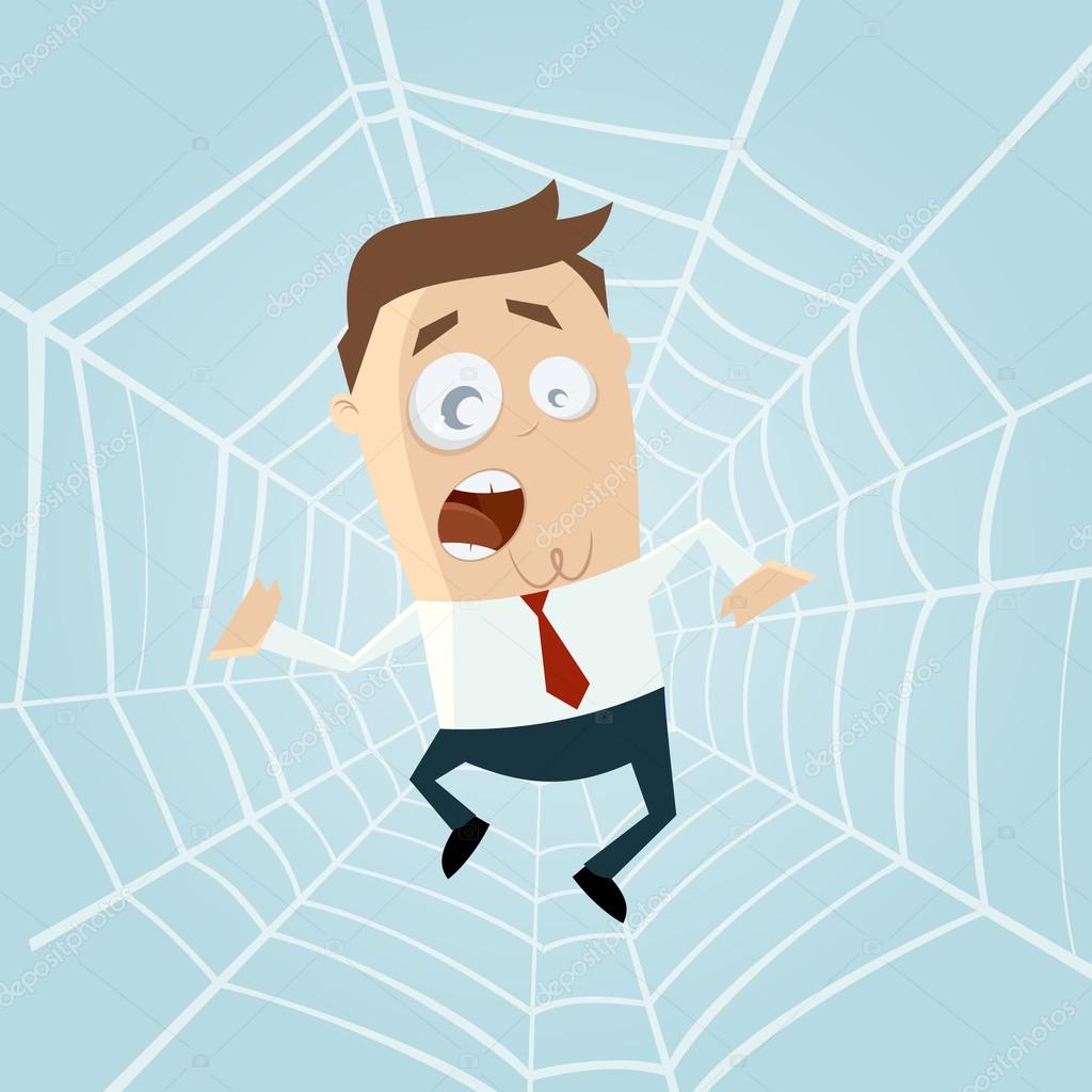 Cartoon man trapped in spiderweb