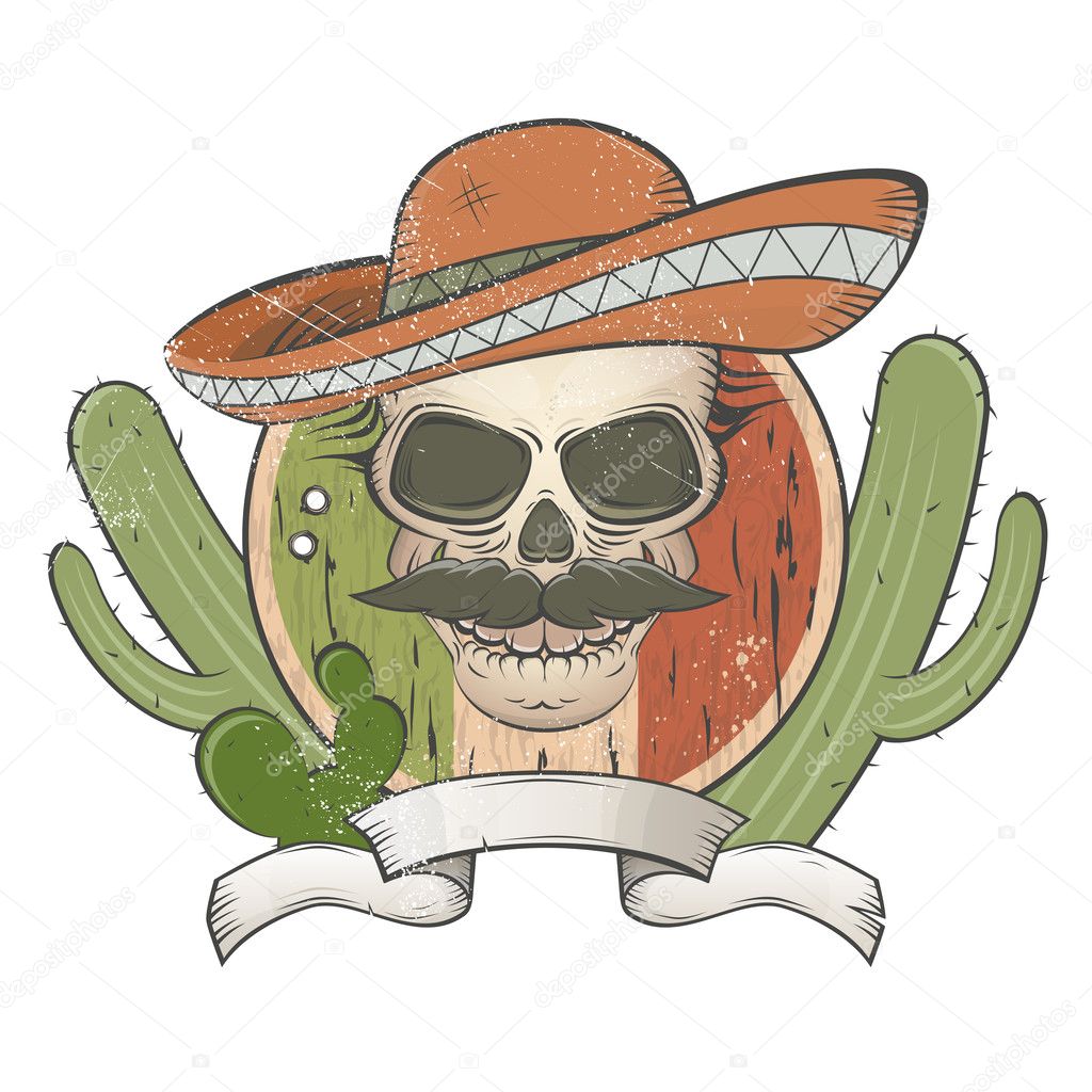 Vintage mexican skull with sombrero and mustache