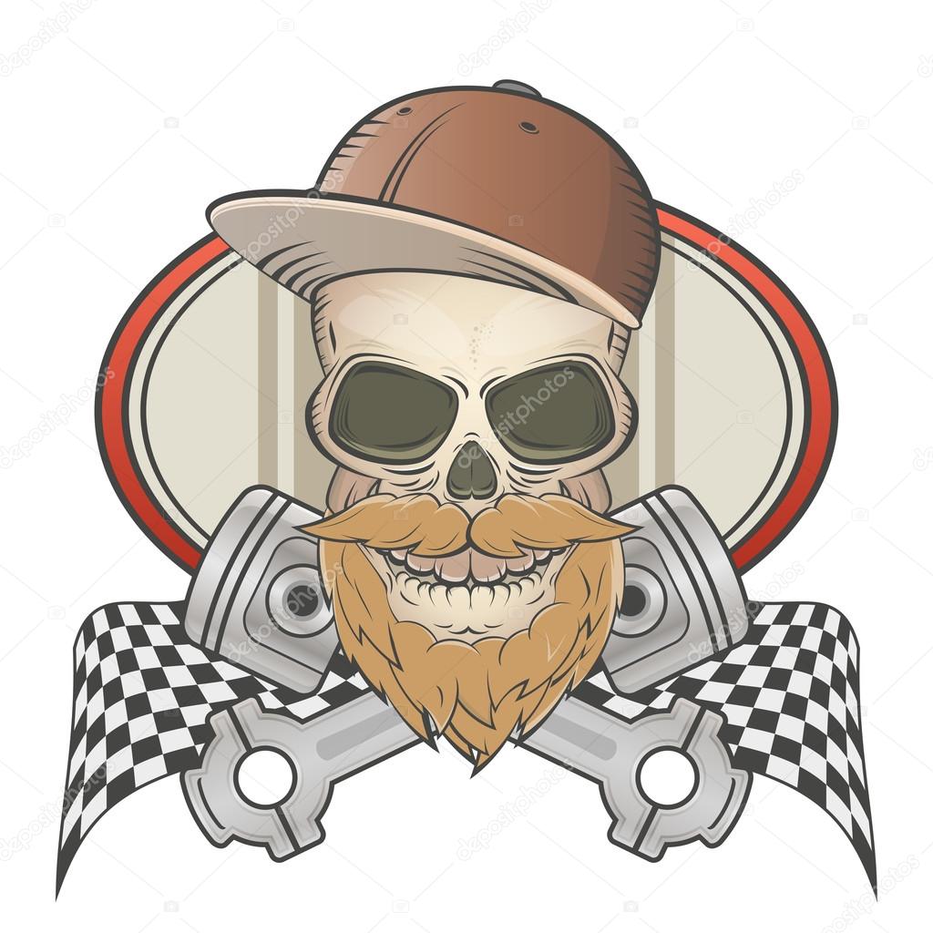 Bearded racing skull with crossed pistons