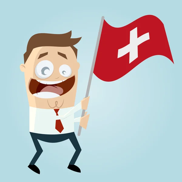 Felice uomo dei cartoni animati con bandiera svizzera — Vettoriale Stock