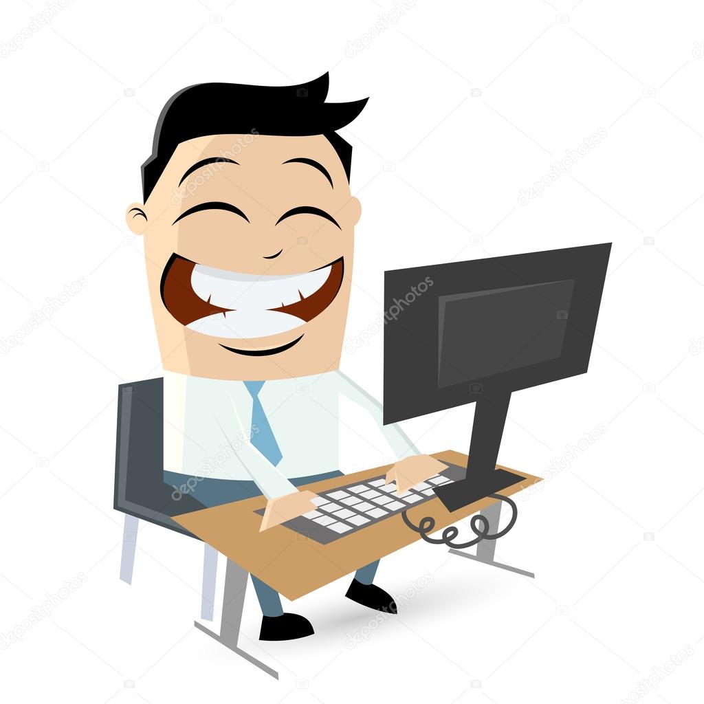 Funny cartoon man sitting on computer