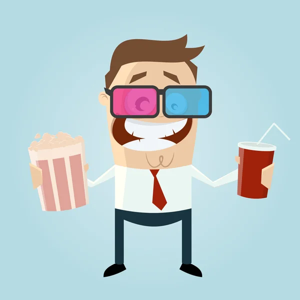 Funny man with popcorn and cola is watching 3d movie — Stock Vector