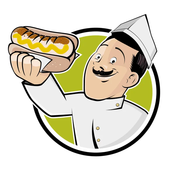 Happy man is serving a german bratwurst — Stock Vector