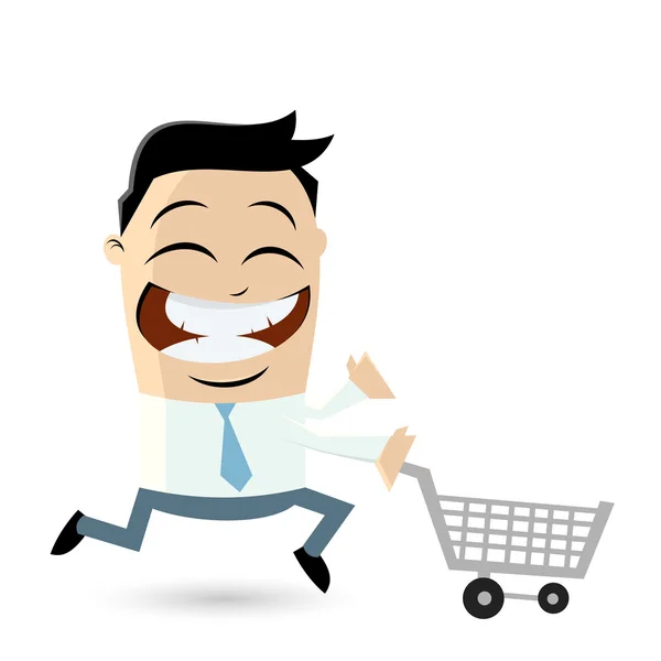 Empresário engraçado com carrinho de compras — Vetor de Stock