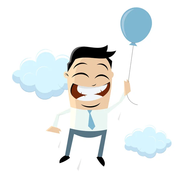 Hombre de negocios divertido está volando con globo aerostático — Vector de stock