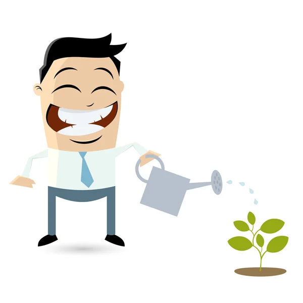 Funny businessman pouring water on a small plant — Stock Vector