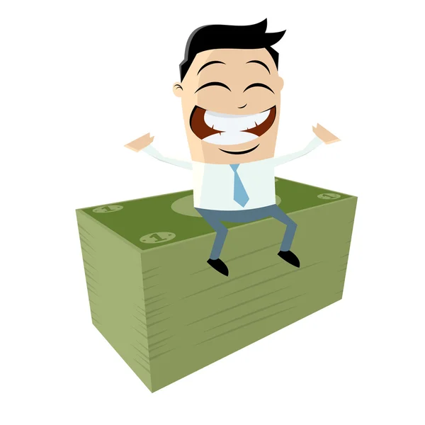 Funny businessman on stack of money — Stock Vector