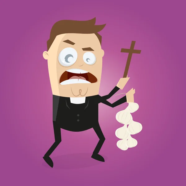 Divertido sacerdote de dibujos animados está haciendo exorcismo — Vector de stock