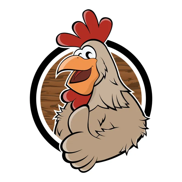 Divertido pollo de dibujos animados en una insignia — Vector de stock